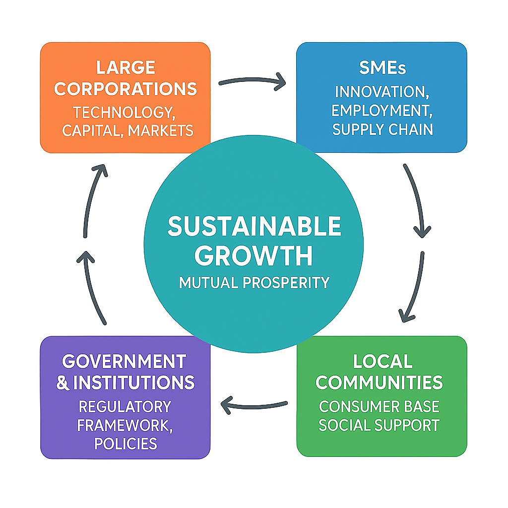 상생경제 생태계 다이어그램 - 대기업, 중소기업, 지역사회, 정부기관의 상생 구조